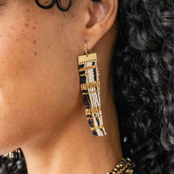 Earring - McKenzie Black/Gold Brass Bar Long Fringe