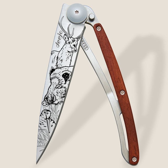 DEEJO KNIFE-CORAL WD/HUNTING SCENCE