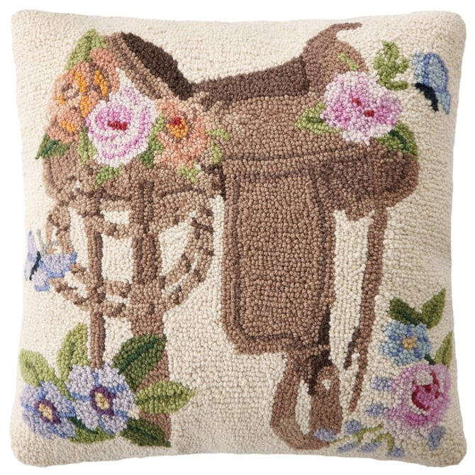 Peking Handicraft PILLOW-RANCH SADDLE W/ FLOWERS 18X18