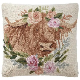 Peking Handicraft PILLOW-HIGHLAND COW W/ FLOWERS 16X16