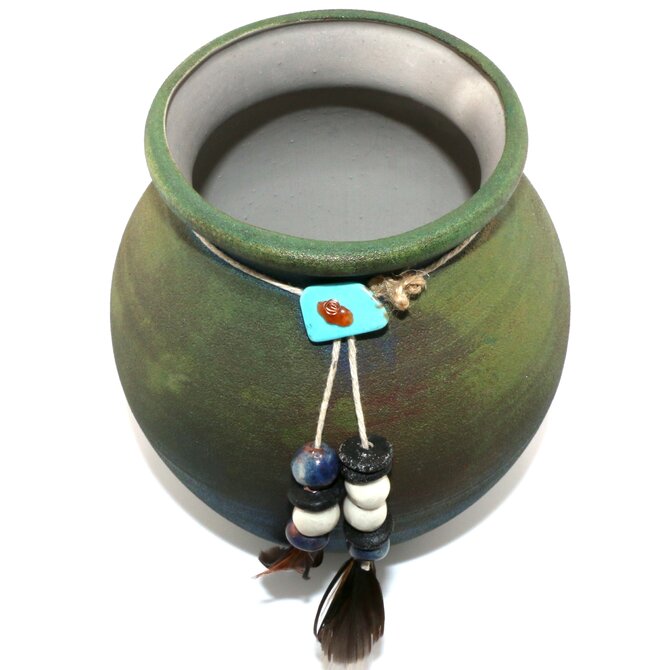 Raku Pottery Works Jar-Medium Spirit Beads/Feather 5"