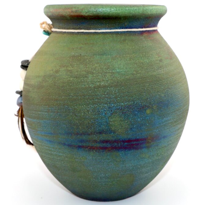 Raku Pottery Works Jar-Medium Spirit Beads/Feather 5"