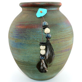 Raku Pottery Works JAR-LG SPIRIT BEAD/FEATHER 7.75"