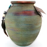 Raku Pottery Works JAR-LG SPIRIT BEAD/FEATHER 7.75"