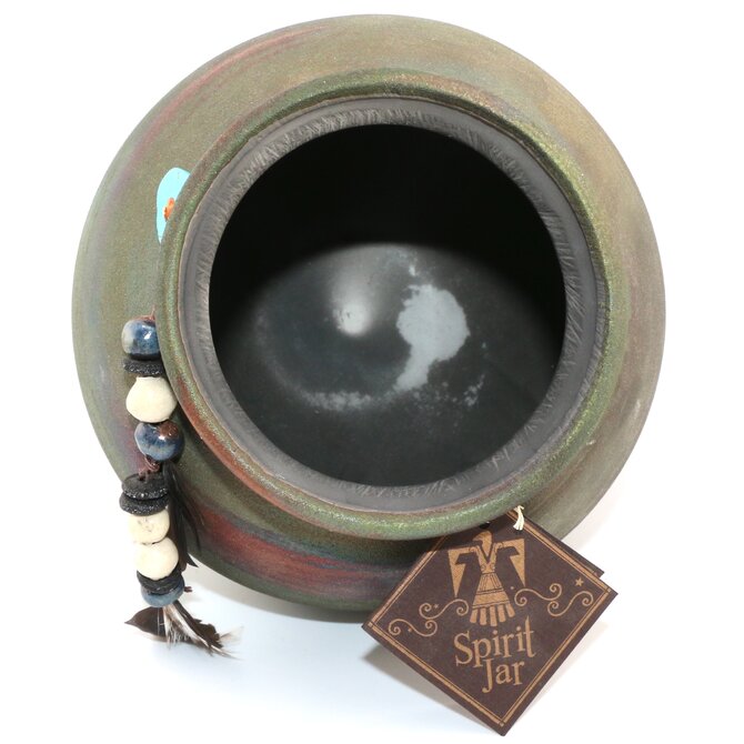 Raku Pottery Works JAR-LG SPIRIT BEAD/FEATHER 7.75"