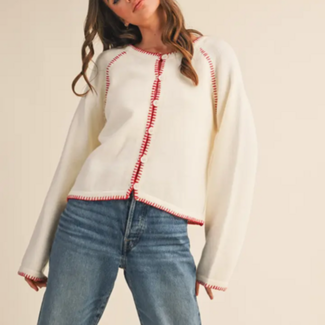&MERCI Cardi-Contrast Blanket Stitch