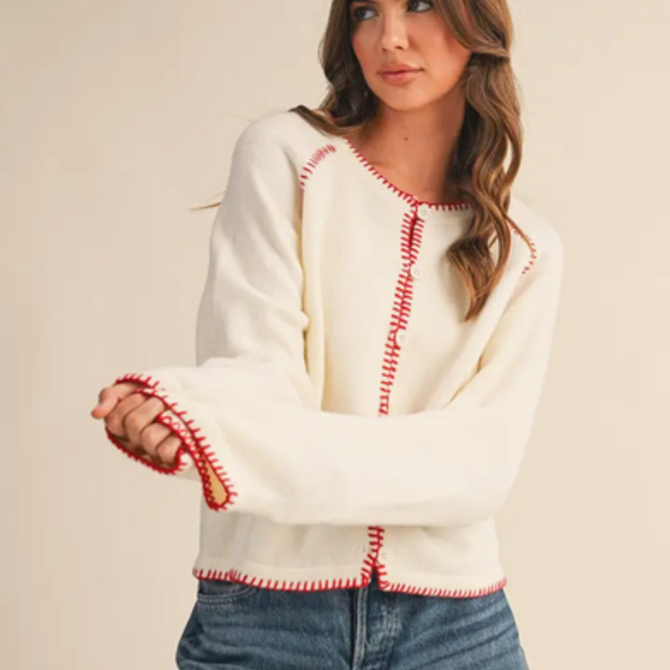 &MERCI Cardi-Contrast Blanket Stitch