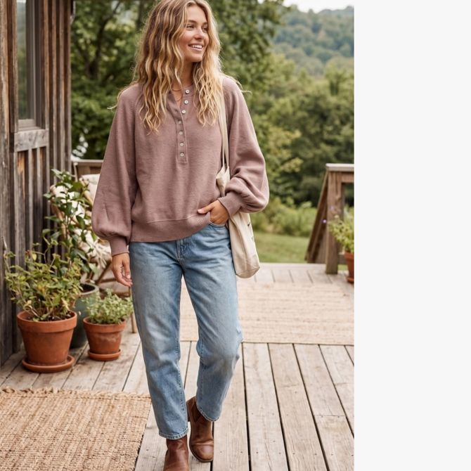Sewn & Seen Top-Henley Balloon Sleeve