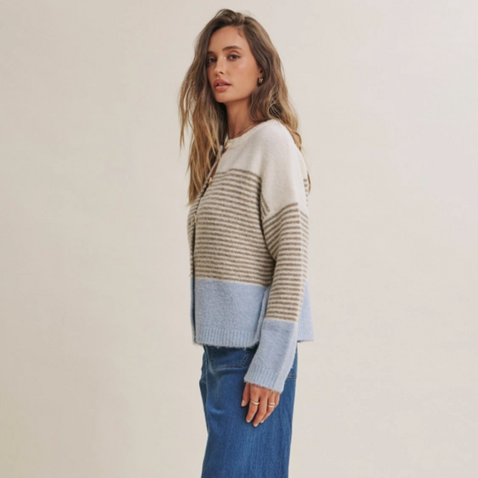 in february Cardi-Morning Chai Stripe