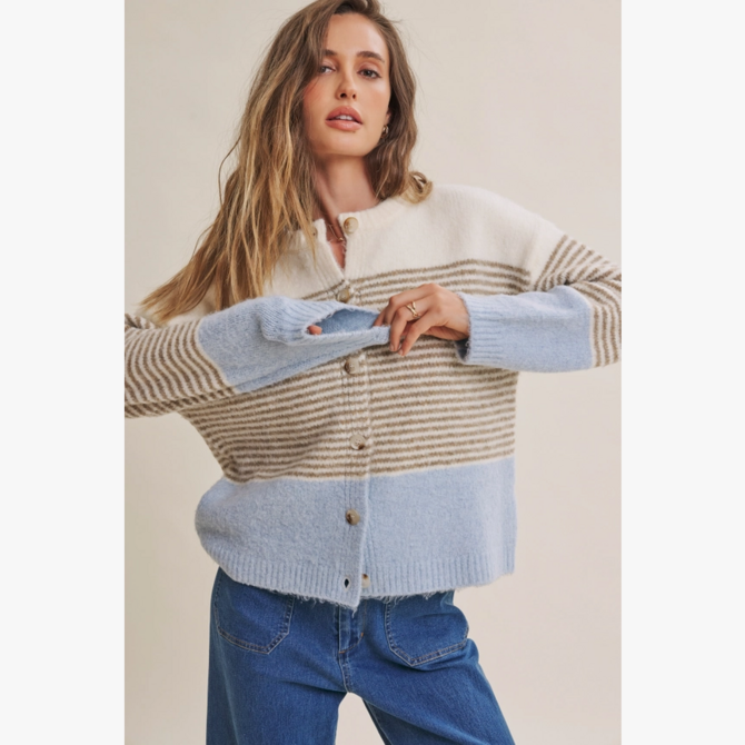 in february Cardi-Morning Chai Stripe