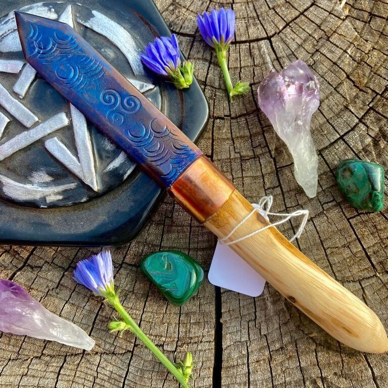 Luna Ignis Red Oak and Iron Athame With Chevron Tip and Crying Moon