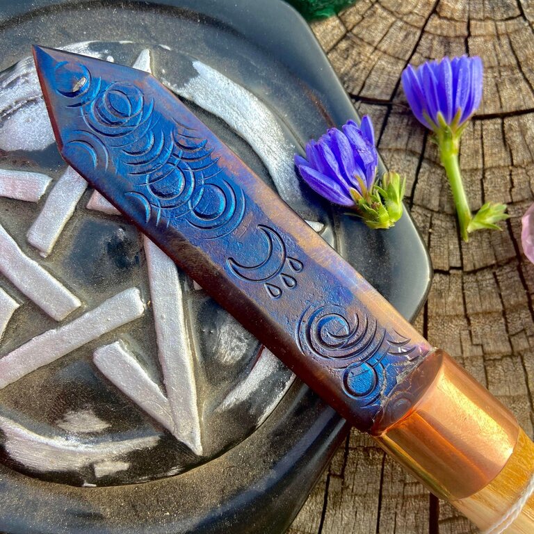 Luna Ignis Red Oak and Iron Athame With Chevron Tip and Crying Moon