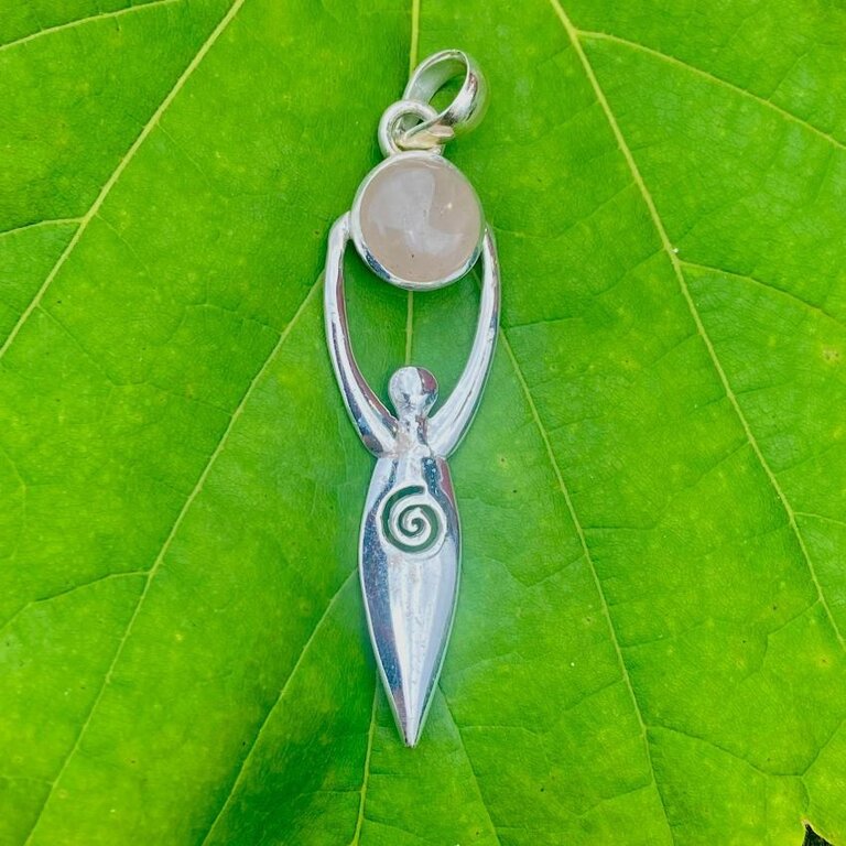 Luna Ignis Sterling Silver Spiral Goddess Pendant with Rose Quartz