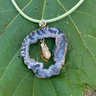 Luna Ignis Druzy Agate Geode Slice With Citrine Teardrop Pendant Necklace On Wax Cord Luna Ignis Druzy Agate Geode Slice With Citrine Teardrop Pendant Necklace On Wax Cord