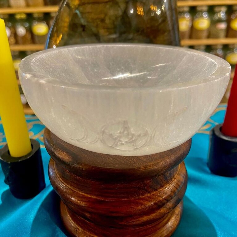 Luna Ignis Selenite Offering Bowl 4" Engraved with Triple Moon Pentagram