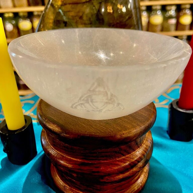 Luna Ignis Selenite Offering Bowl 4" Engraved with Triquetra