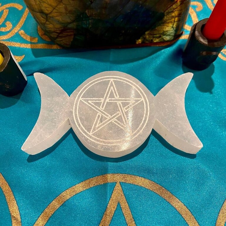Luna Ignis Selenite Triple Moon Pentacle Altar Tile