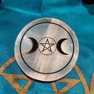 Luna Ignis 3 inch selenite altar tile with Triple Moon Pentacle Luna Ignis 3 inch selenite altar tile with Triple Moon Pentacle