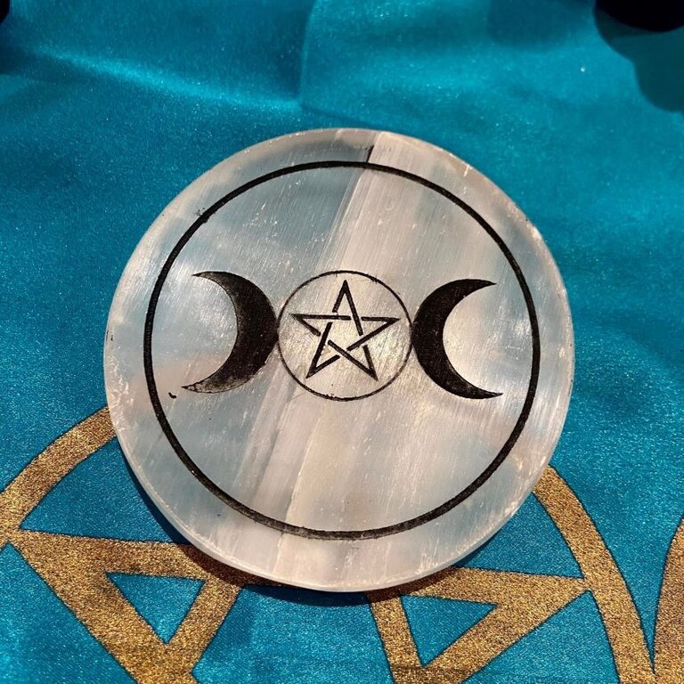 Luna Ignis 3 inch selenite altar tile with Triple Moon Pentacle