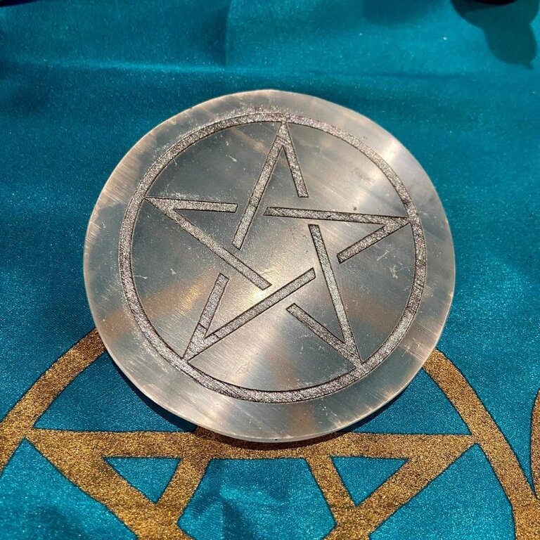 Luna Ignis 3 inch selenite altar tile with Pentacle