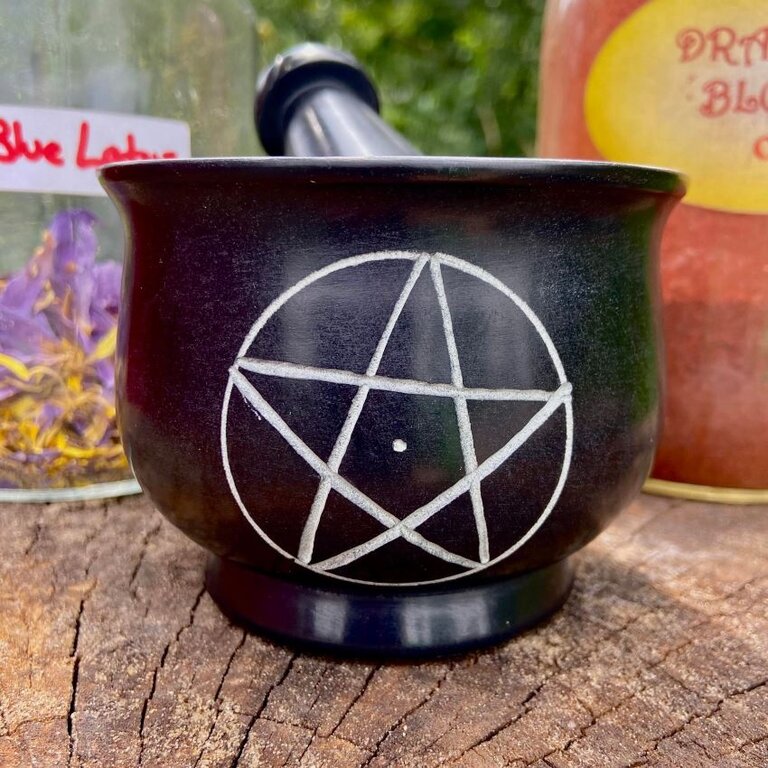 Luna Ignis Pentacle Carved Mortar & Pestle Black Stone 4in x 3in
