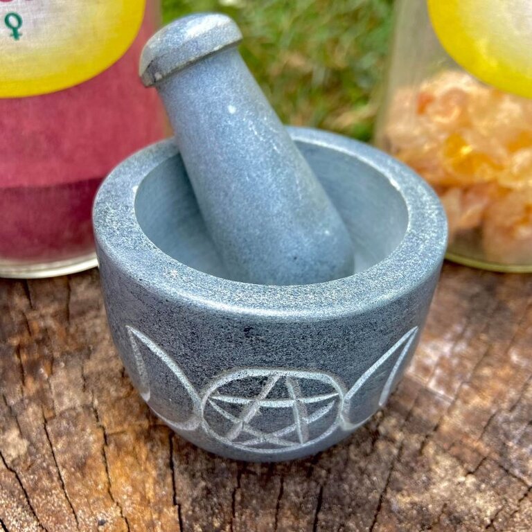 Luna Ignis Triple Moon Pentagram Carved Soapstone Mortar & Pestle