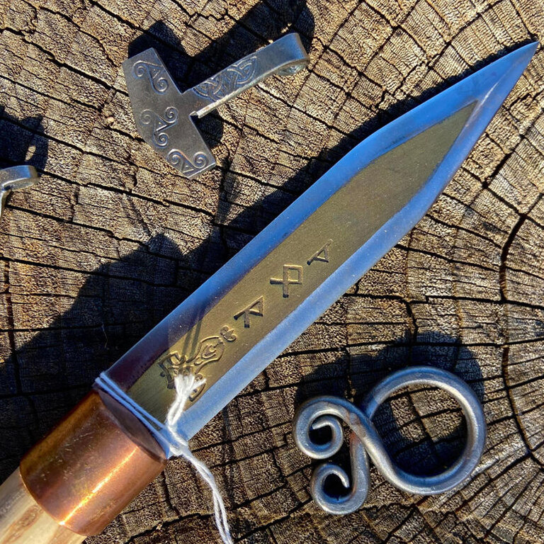 Luna Ignis Thor Athame white oak handle and iron blade plated with brass with Mjolnir