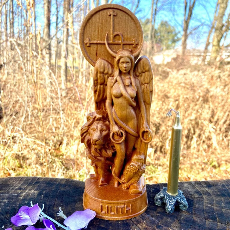 Luna Ignis Wooden Lilith with Lion and Owl Statue Hand Carved