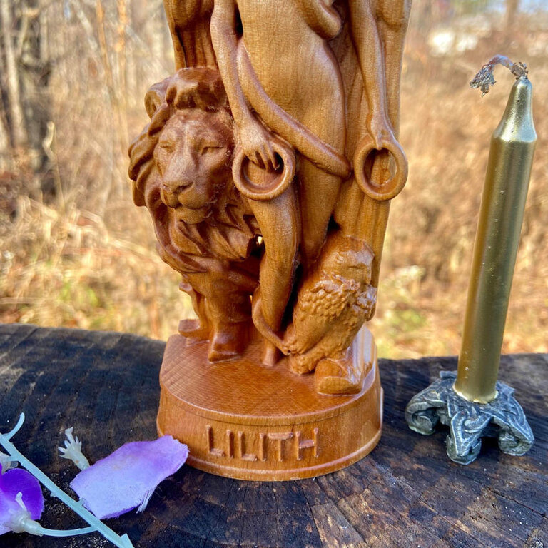 Luna Ignis Wooden Lilith with Lion and Owl Statue Hand Carved