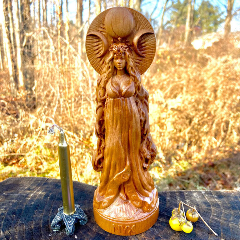 Luna Ignis Wooden Nyx Statue Hand Carved Name Base