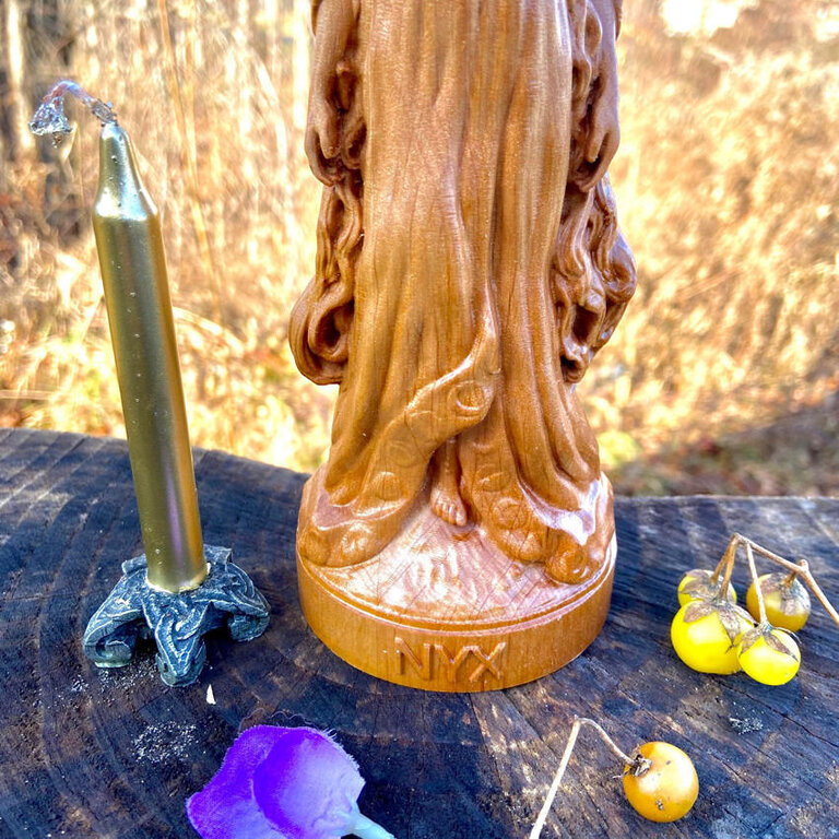 Luna Ignis Wooden Nyx Statue Hand Carved Name Base
