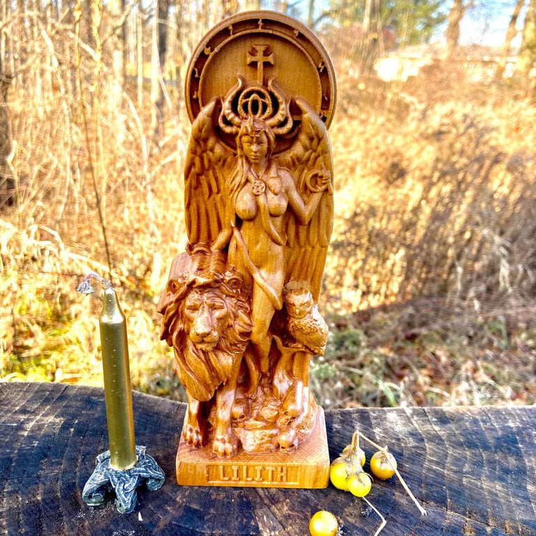 Luna Ignis Wooden Lilith with Lion and Perched Owl Statue Hand Carved
