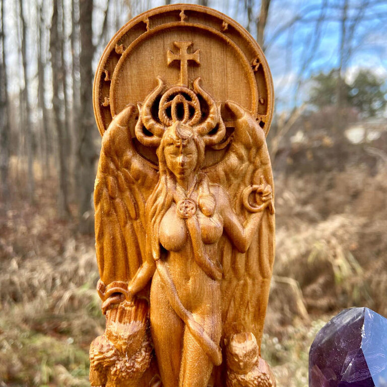 Luna Ignis Wooden Lilith with Owls Statue Hand Carved