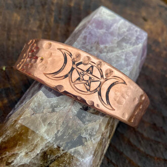 Luna Ignis Copper Spiral Goddess with Triskelion amulet Cuff Bracelet with craters hand crafted
