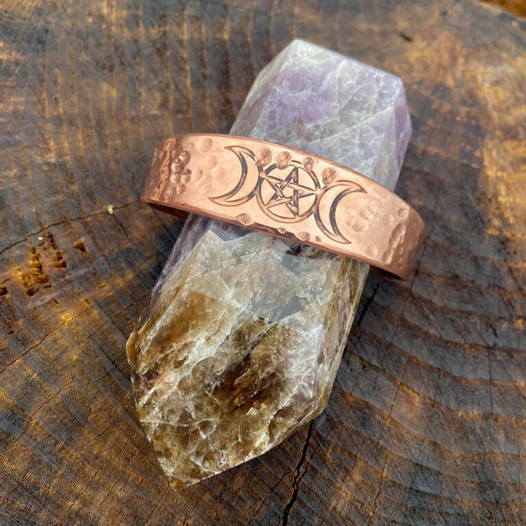 Luna Ignis Copper Spiral Goddess with Triskelion amulet Cuff Bracelet with craters hand crafted