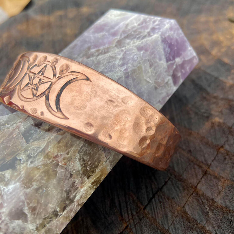 Luna Ignis Copper Spiral Goddess with Triskelion amulet Cuff Bracelet with craters hand crafted