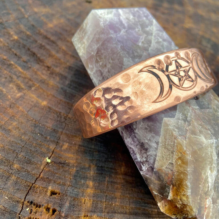 Luna Ignis Copper Spiral Goddess with Triskelion amulet Cuff Bracelet with craters hand crafted