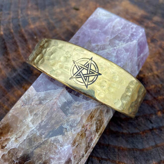 Luna Ignis Brass Pentacle amulet Cuff Bracelet with craters hand crafted Luna Ignis Brass Pentacle amulet Cuff Bracelet with craters hand crafted