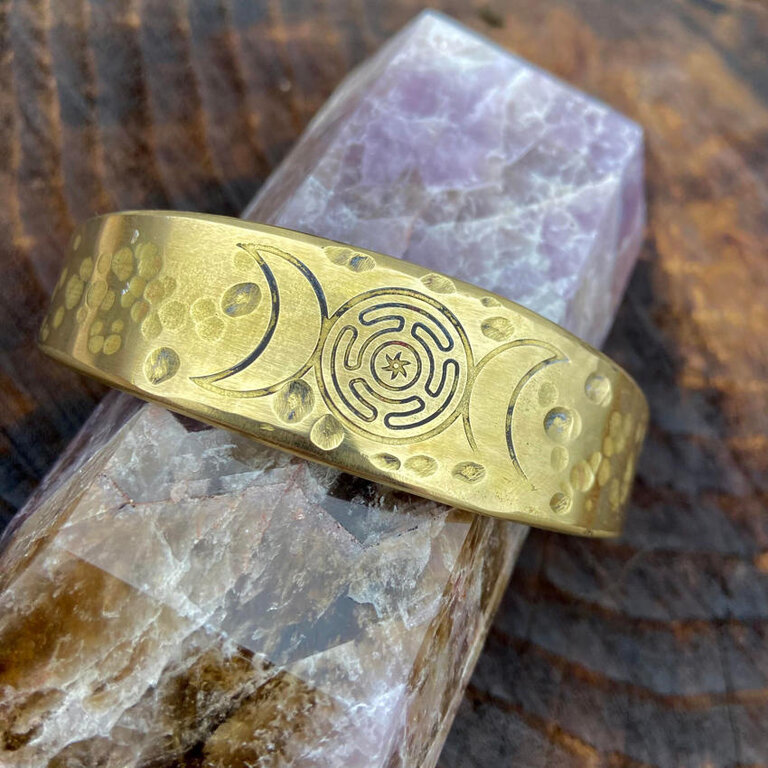 Luna Ignis Brass Hecate Wheel Triple Moon amulet Cuff Bracelet with craters hand crafted