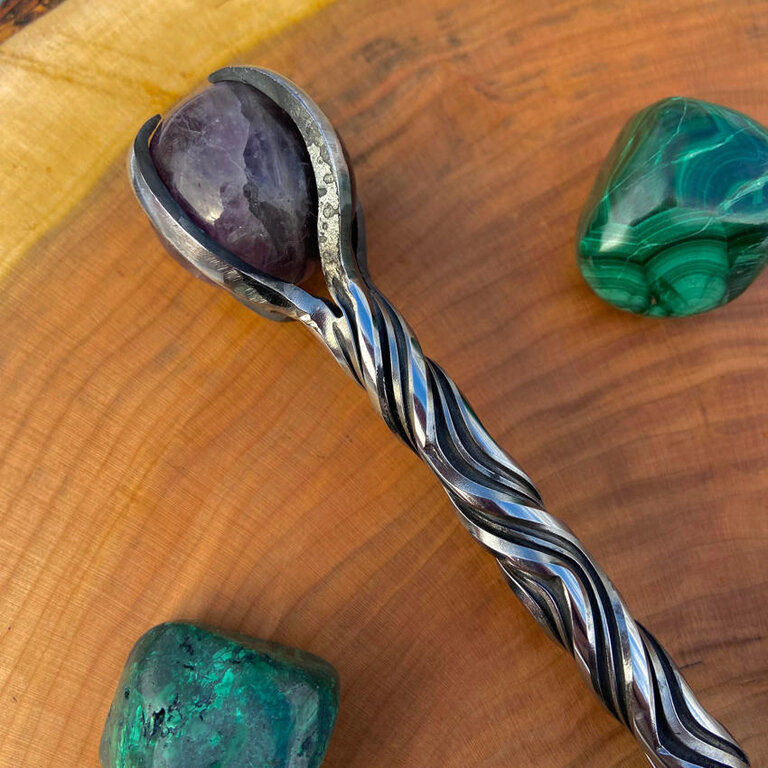 Luna Ignis Iron Wand with Amethyst sphere - Vine Twist Double groove 10 twists
