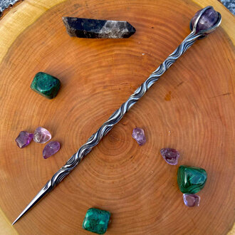Luna Ignis Iron Wand with Amethyst sphere - Vine Twist triple groove 13 twists Luna Ignis Iron Wand with Amethyst sphere - Vine Twist triple groove 13 twists