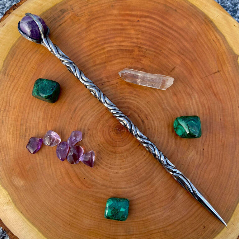 Luna Ignis Iron Wand with Amethyst sphere - Vine Twist single groove 9 twists with double rope twist
