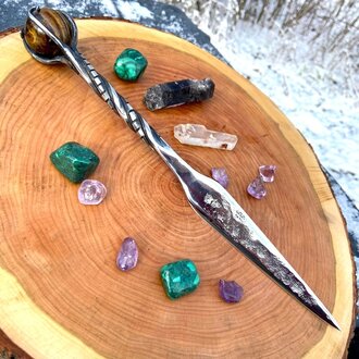 Luna Ignis Luna Ignis Crystal Sphere Athame with Tiger Eye And  staircase twist  Handle Luna Ignis Luna Ignis Crystal Sphere Athame with Tiger Eye And  staircase twist  Handle