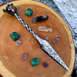 Luna Ignis Luna Ignis Crystal Sphere Athame with Tiger Eye And  dragon scale twist  Handle Luna Ignis Luna Ignis Crystal Sphere Athame with Tiger Eye And  dragon scale twist  Handle