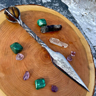 Luna Ignis Luna Ignis Crystal Sphere Athame with Tiger Eye And vine twist  Handle Luna Ignis Luna Ignis Crystal Sphere Athame with Tiger Eye And vine twist  Handle
