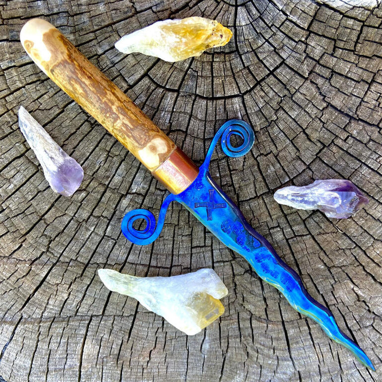 Luna Ignis Brigid Iron Athame Colorized with and opposing spiral Guard and birch handle