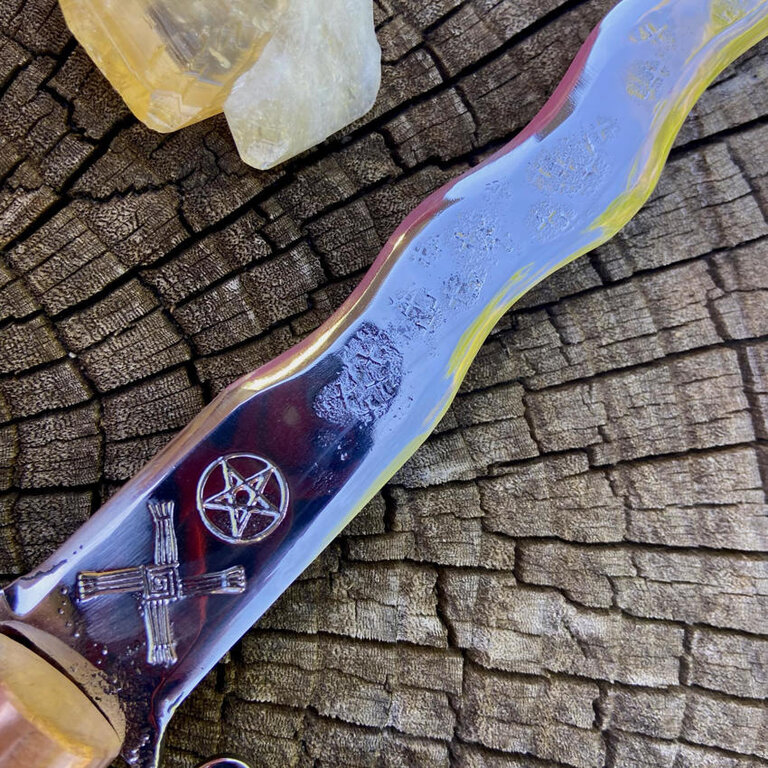 Luna Ignis Brigid Iron Athame with pentacle and scrolled Guard and red oak handle