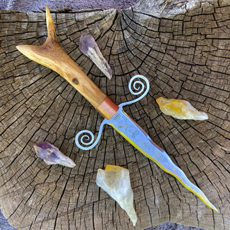 Luna Ignis Brigid Iron Athame with Double Triskelion and scrolled Guard and red oak handle Luna Ignis Brigid Iron Athame with Double Triskelion and scrolled Guard and red oak handle