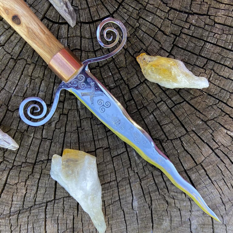 Luna Ignis Brigid Iron Athame with Double Triskelion and scrolled Guard and red oak handle