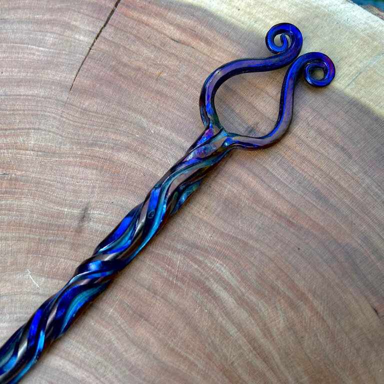Luna Ignis Artisan Iron Wand with Celtic Stang Iridescent